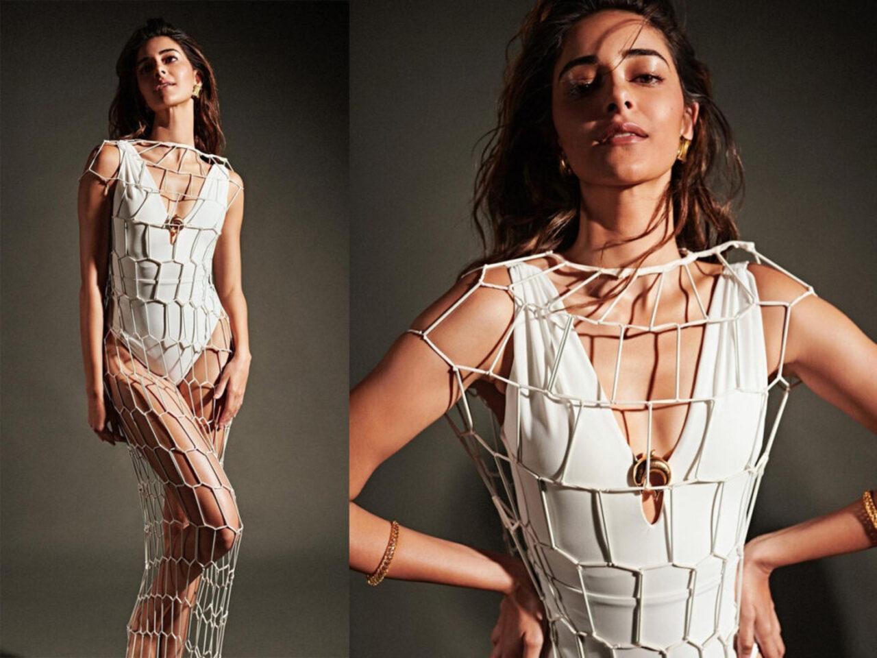 Ananya loks glamorous in a white mesh overlay and matching white bodysuit. She completed her outfit with her trademark wavy hair, two golden bracelets, and bold earrings.